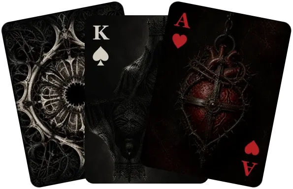 Three cards from the Dread deck: the back, the King of Spades, and the Ace of Hearts