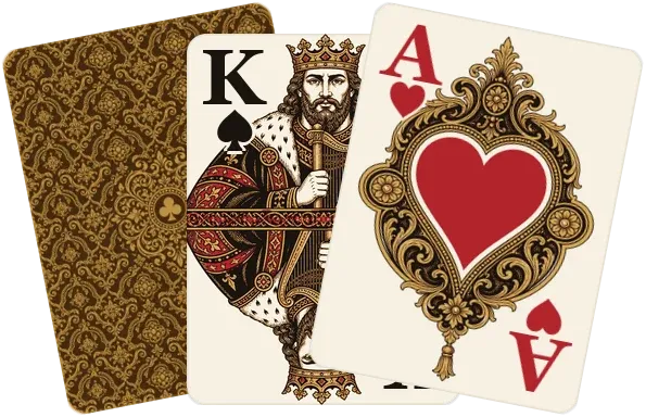 Three cards from the Felt House deck: the back, the King of Spades, and the Ace of Hearts