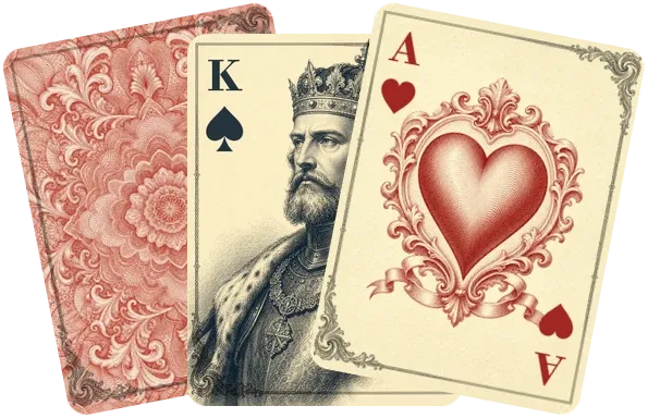 Three cards from the Filigree deck: the back, the King of Spades, and the Ace of Hearts