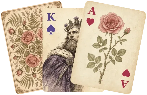 Three cards from the Herbarium deck: the back, the King of Spades, and the Ace of Hearts