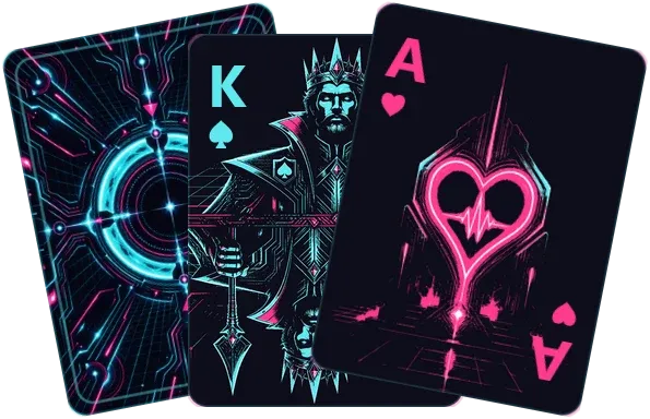 Three cards from the Neon deck: the back, the King of Spades, and the Ace of Hearts