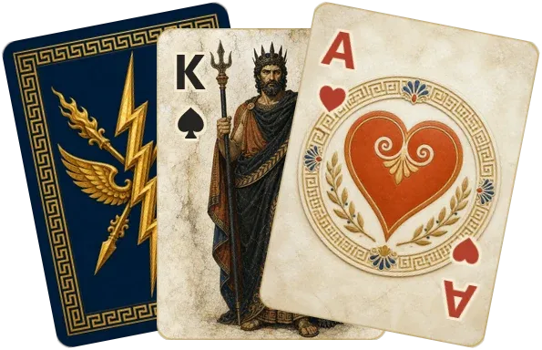 Three cards from the Olympus deck: the back, the King of Spades, and the Ace of Hearts