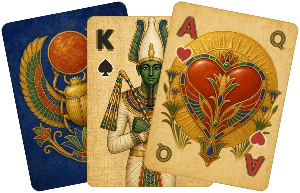 Three cards from the Scarab deck: the back, the King of Spades, and the Ace of Hearts