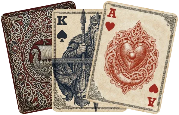 Three cards from the Valhalla deck: the back, the King of Spades, and the Ace of Hearts