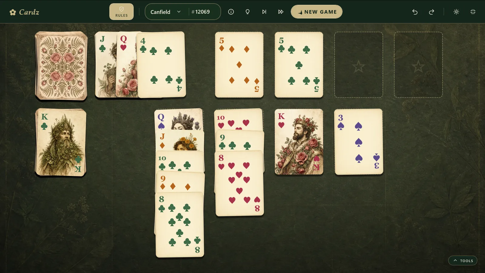 Canfield solitaire with the botanical Herbarium card deck